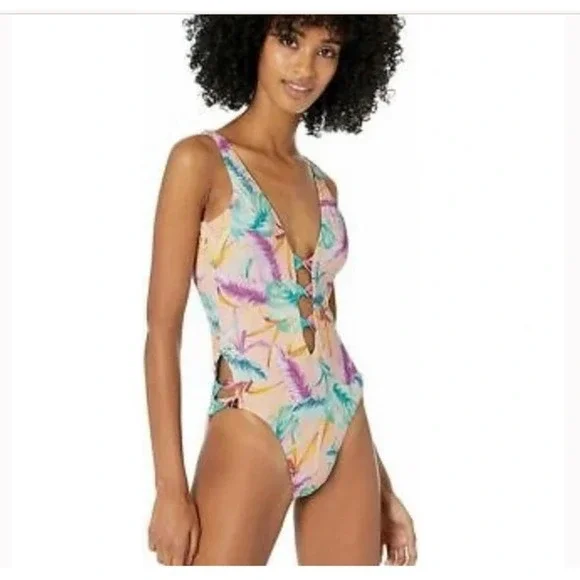 Bar III Women's XL Plunge Lace-Up Tropical Print One Piece Swimsuit NWT - Picture 1 of 5